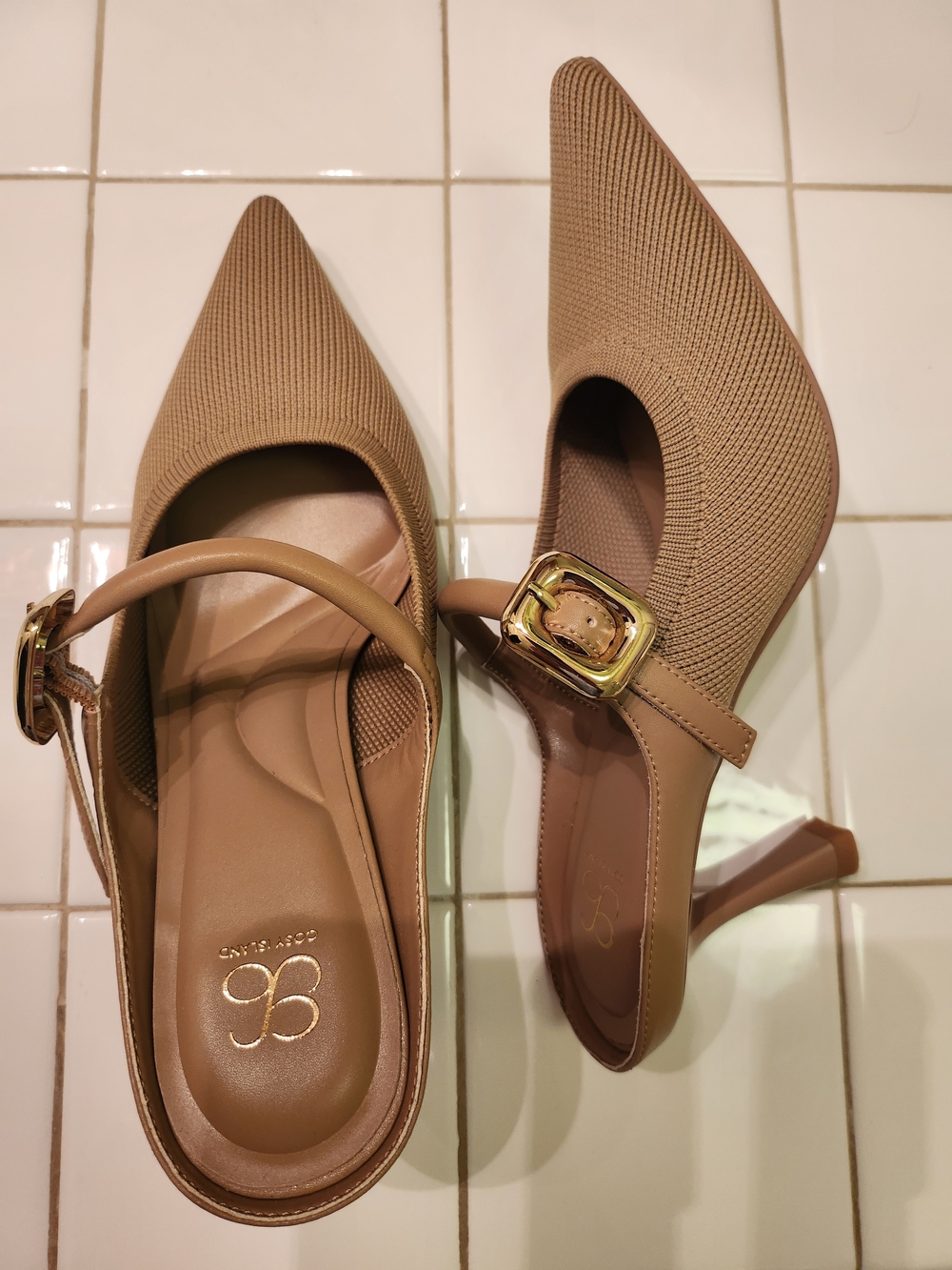 Cozy Island Shoes Beige Pointed-Toe Low Heel with Gold Buckle